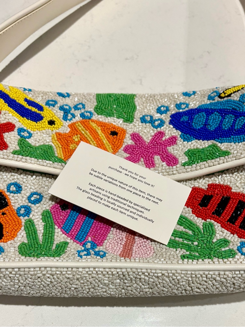 STAUD Tommy Hand Beaded Tropical Fish Shoulder Bag White Leather - Picture 9 of 16